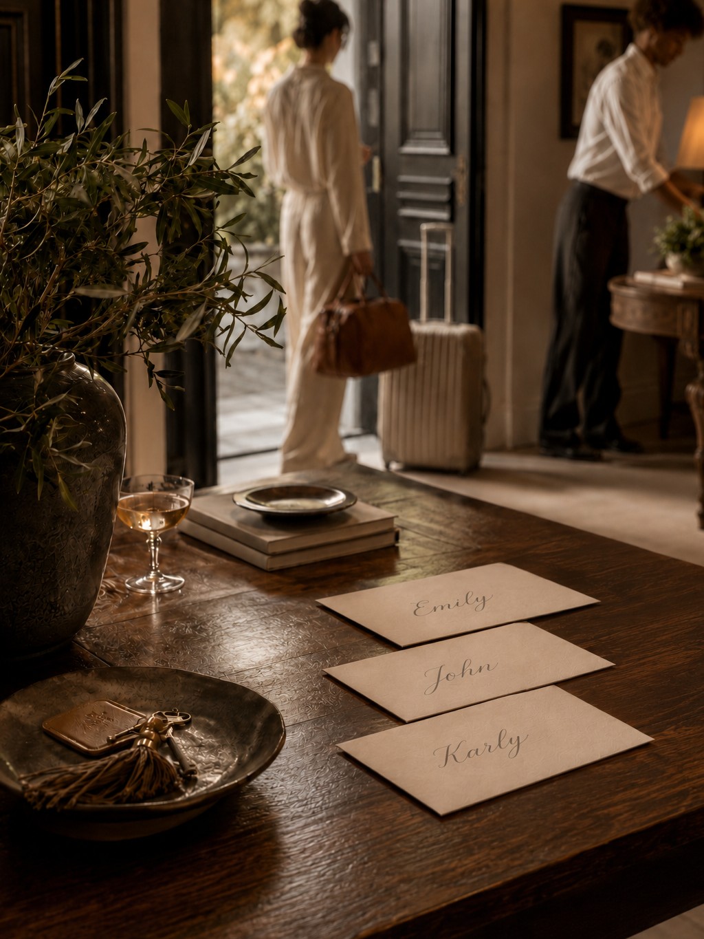 A guest arriving at a private villa entryway, with a handwritten place card waiting on a console table